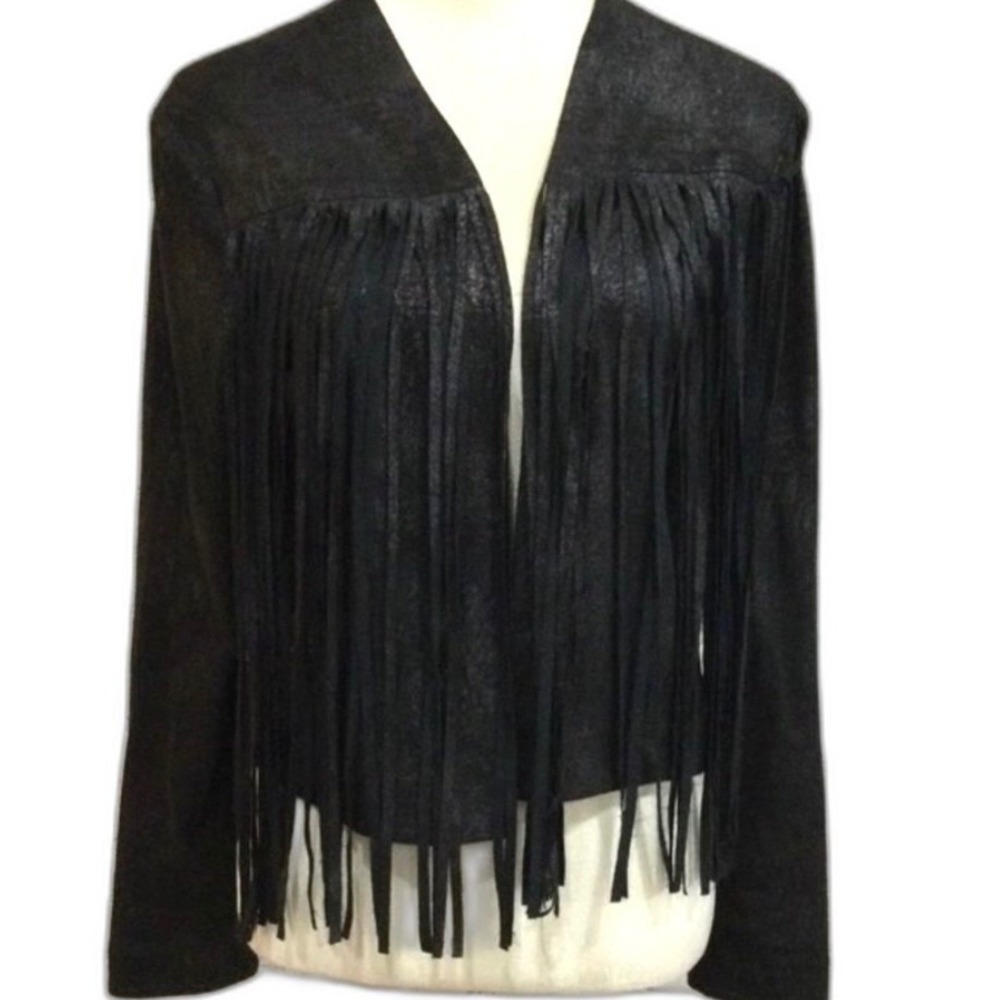 SW3 Bespoke Black Fringe‎ Jacket Bohemian Western Faux Leather Small S